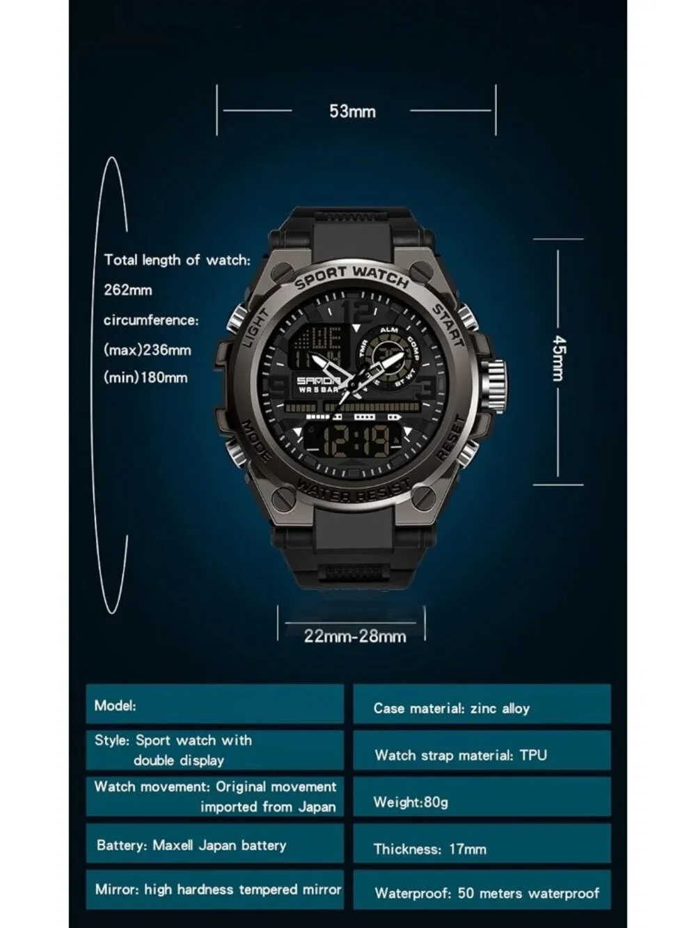 Men All Black Analog Quartz Sports Outdoor Waterproof Military LED Digital Watch